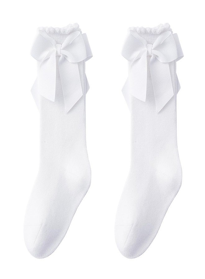 Mini Angel Angel Baby Girls Knee High & Long Socks, Bow Ruffled, Cotton Tube Stockings, Dress Socks, 4-6 Years, White (2 Pairs) - Image 1