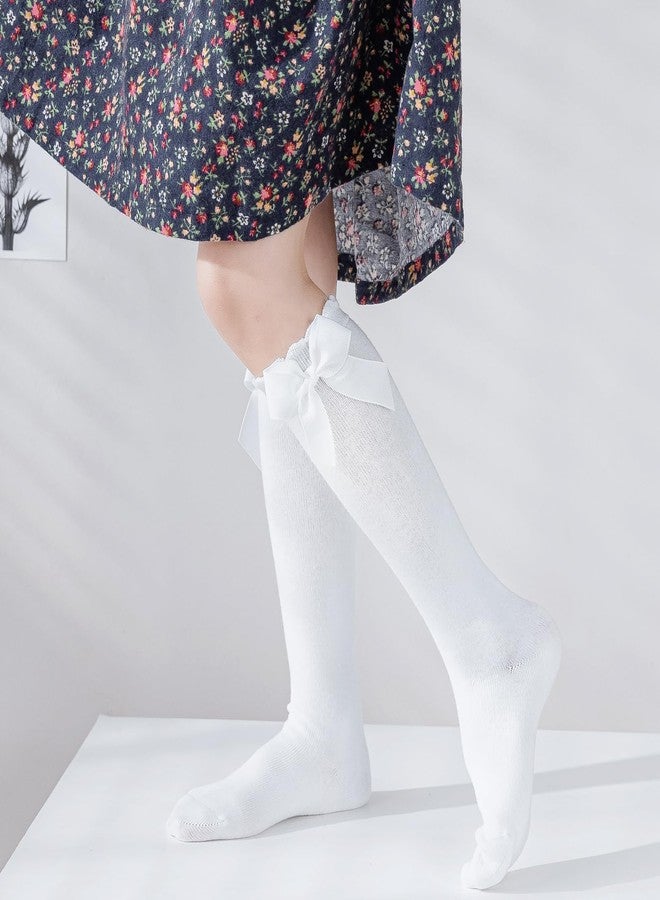 Mini Angel Angel Baby Girls Knee High & Long Socks, Bow Ruffled, Cotton Tube Stockings, Dress Socks, 4-6 Years, White (2 Pairs) - Image 3