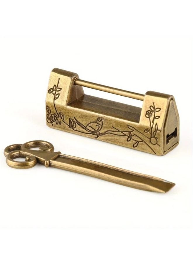 Vintage Antique Metal Lock and Key Set Ornate Carved Padlock Floral Bird Design - Image 4