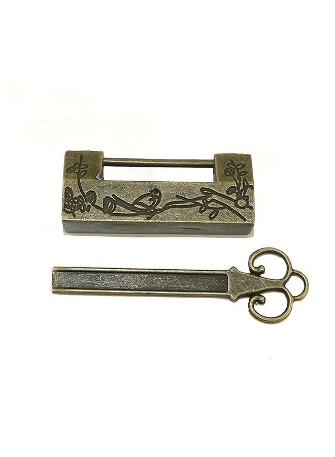 Vintage Antique Metal Lock and Key Set Ornate Carved Padlock Floral Bird Design - Image 1