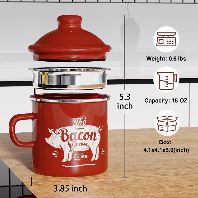 PGYARD Mini Bacon Grease Container With Strainer - 15OZ Enamel Grease Saver, Farmhouse Bacon Grease Keeper For Kitchen Fat Storage, Dishwasher Safe-Red - Image 2