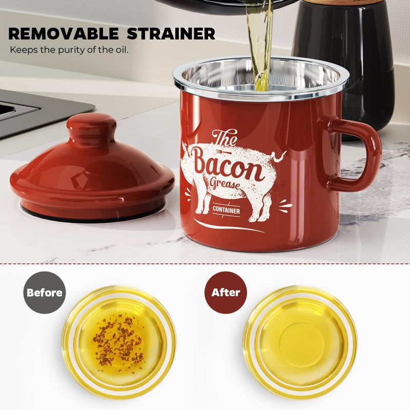 PGYARD Mini Bacon Grease Container With Strainer - 15OZ Enamel Grease Saver, Farmhouse Bacon Grease Keeper For Kitchen Fat Storage, Dishwasher Safe-Red - Image 4