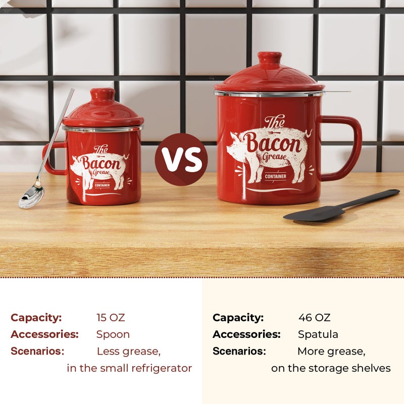 PGYARD Mini Bacon Grease Container With Strainer - 15OZ Enamel Grease Saver, Farmhouse Bacon Grease Keeper For Kitchen Fat Storage, Dishwasher Safe-Red - Image 3