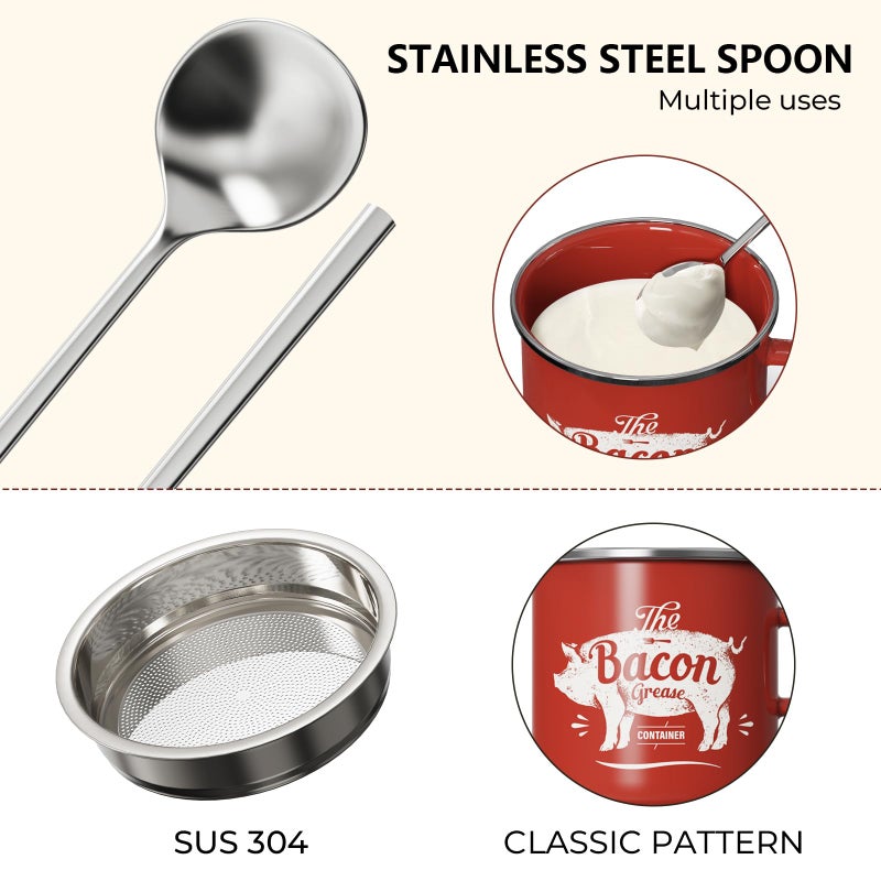 PGYARD Mini Bacon Grease Container With Strainer - 15OZ Enamel Grease Saver, Farmhouse Bacon Grease Keeper For Kitchen Fat Storage, Dishwasher Safe-Red - Image 5