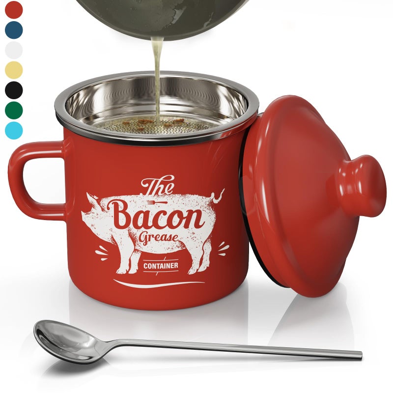 PGYARD Mini Bacon Grease Container With Strainer - 15OZ Enamel Grease Saver, Farmhouse Bacon Grease Keeper For Kitchen Fat Storage, Dishwasher Safe-Red - Image 1