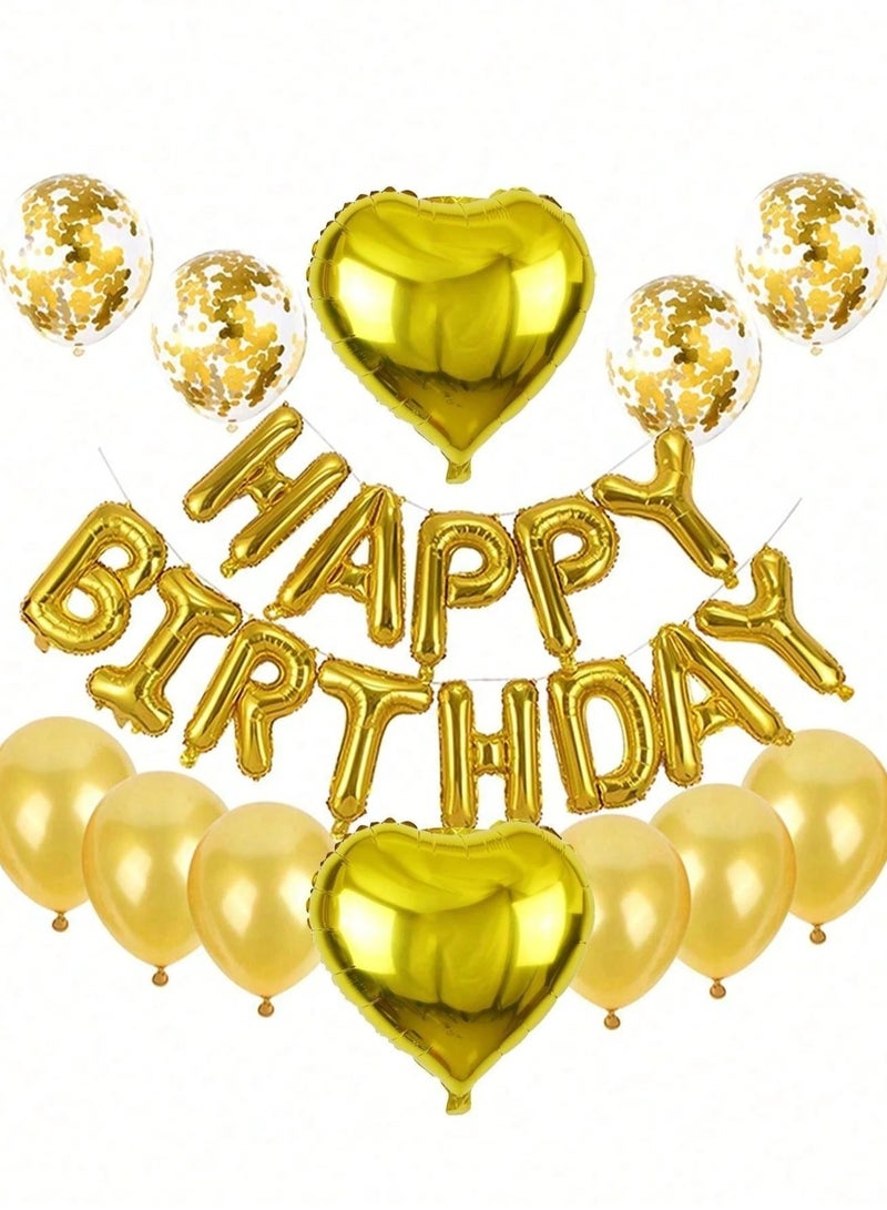 Birthday decoration balloon set of 27 pieces in gold color, includes heart-shaped balloons, gold confetti balloons, "Happy Birthday" letter balloons, and a ribbon – perfect for birthday celebrations