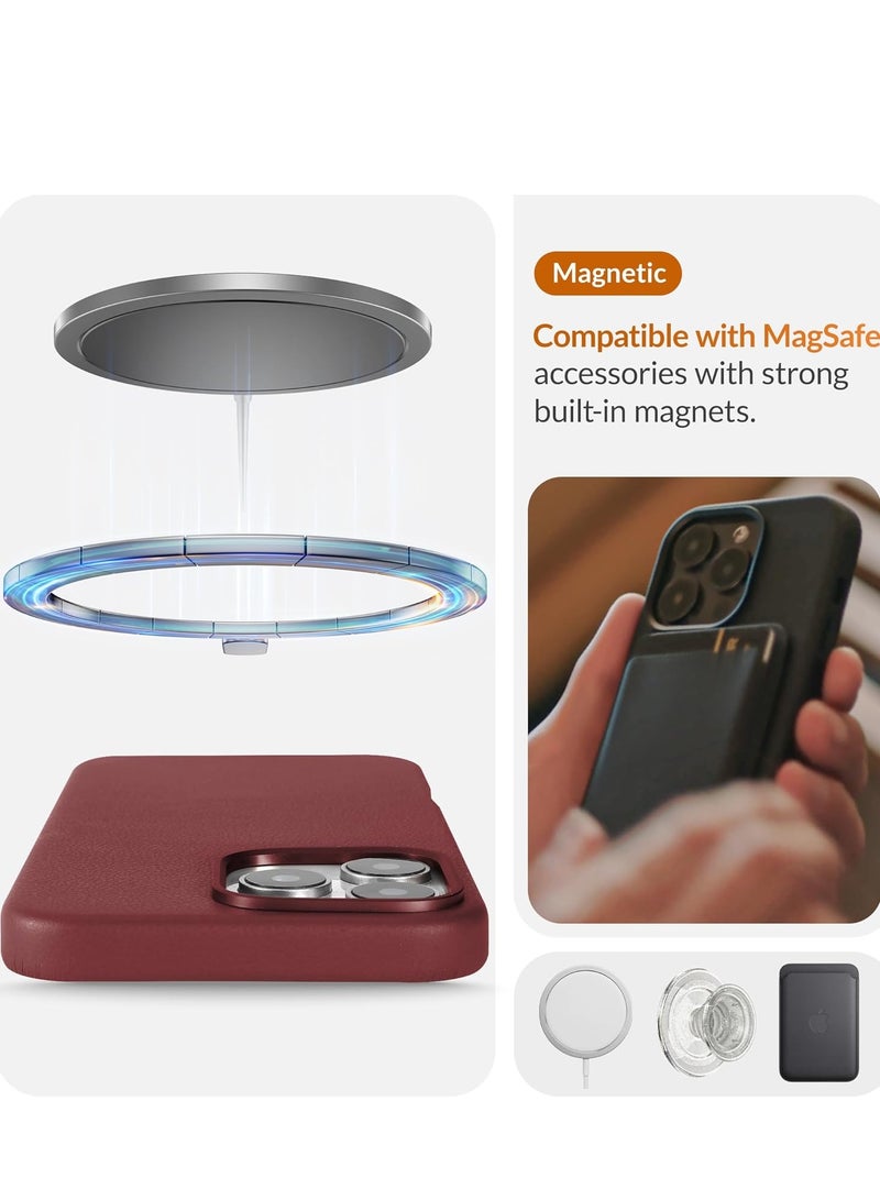 TIGER حافظة جلدية أوروبية فاخرة لجهاز iPhone 16 Pro Max | تنعم وتصبح أكثر ليونة مع مرور الوقت لإحساس فاخر | متوافقة مع MagSafe للشحن اللاسلكي والإكسسوارات المغناطيسية | غلاف هاتف نحيف، واقٍ، وأنيق بلون النبيذ | تصميم متين وخفيف الوزن - Image 4