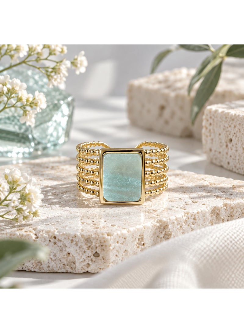 ITSMOS Genuine Amazonite Ring 316L Stainless Steel Bold Gold Plated Healing Crystal Maximalist Heirloom Boho Bands for Women - Image 1