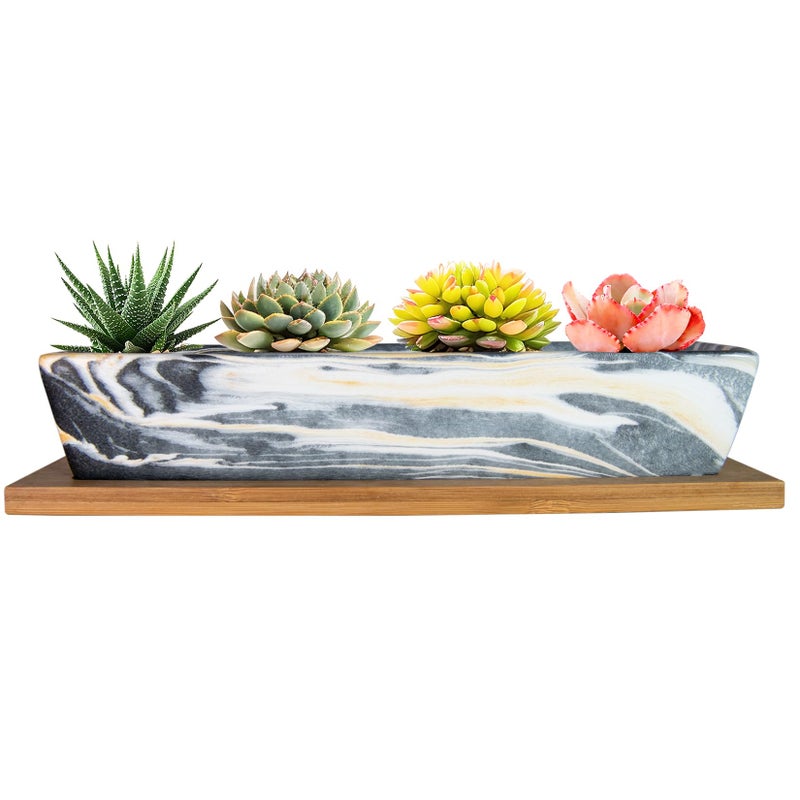 Artketty Succulent Pots  9.8 Inch Ceramic Succulent Planters With Drainage Small Bonsai Pot With Bamboo Tray  Mini Cactus Flower Planter Pot Shallow Rectangular Window Planters For Indoor Plants - Image 1