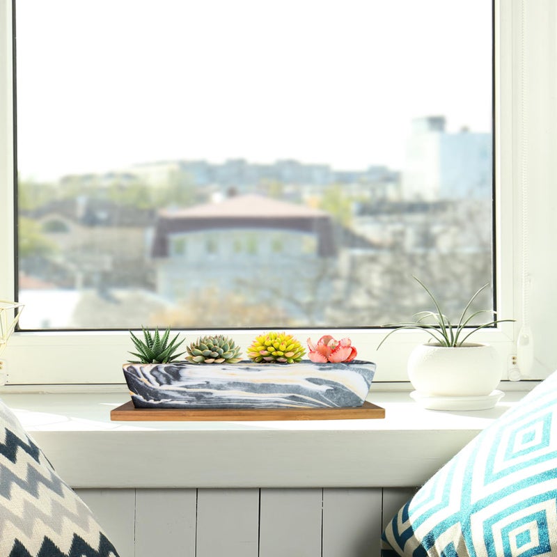 Artketty Succulent Pots  9.8 Inch Ceramic Succulent Planters With Drainage Small Bonsai Pot With Bamboo Tray  Mini Cactus Flower Planter Pot Shallow Rectangular Window Planters For Indoor Plants - Image 4