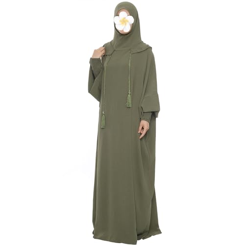 khalat Muslim Prayer Dress Abaya Solid One-Piece Hoodie Abaya Dress for Women Long Maxi Dress Islamic Dubai Jilbab Army Green - Image 3