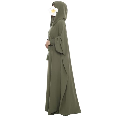 khalat Muslim Prayer Dress Abaya Solid One-Piece Hoodie Abaya Dress for Women Long Maxi Dress Islamic Dubai Jilbab Army Green - Image 1