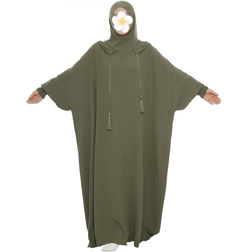 khalat Muslim Prayer Dress Abaya Solid One-Piece Hoodie Abaya Dress for Women Long Maxi Dress Islamic Dubai Jilbab Army Green - Image 5