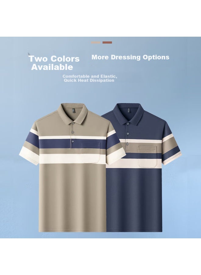 Treasure Sheep Bao Cai Yang Men's Ice Silk Striped Short Sleeve T-shirt Dad Summer Polo Shirt Half Sleeve Middle-aged And Elderly Men's Top Father's Day Gift - Image 2