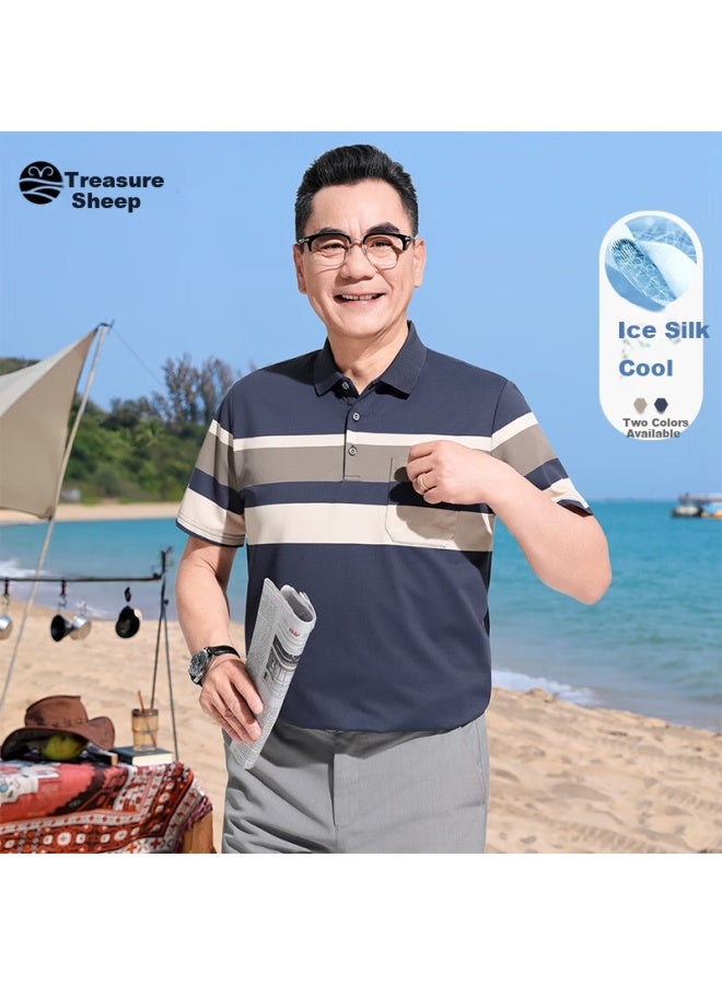 Treasure Sheep Bao Cai Yang Men's Ice Silk Striped Short Sleeve T-shirt Dad Summer Polo Shirt Half Sleeve Middle-aged And Elderly Men's Top Father's Day Gift - Image 1