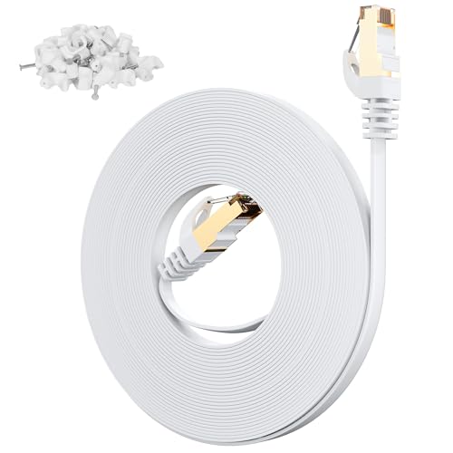 Adoreen Cat 7 Flat Outdoor Ethernet Cable 150 Ft-White, High-Speed Shielded Internet Network Cable, S/FTP, POE, 10Gbps 600MHZ Thin Cat 6E 6A Patch LAN Cord, LLDPE, direct Burial for fast gaming +Clips - Image 1