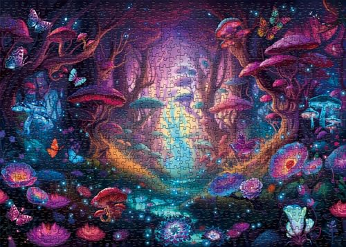 BBOLDIN Magical Forest Puzzles Mushroom 1000 Pieces for Adults Glow Art Jigsaw Puzzles Butterfly Glitter Flower Jigsaw Puzzle Collage Puzzles as Family Game - Image 5
