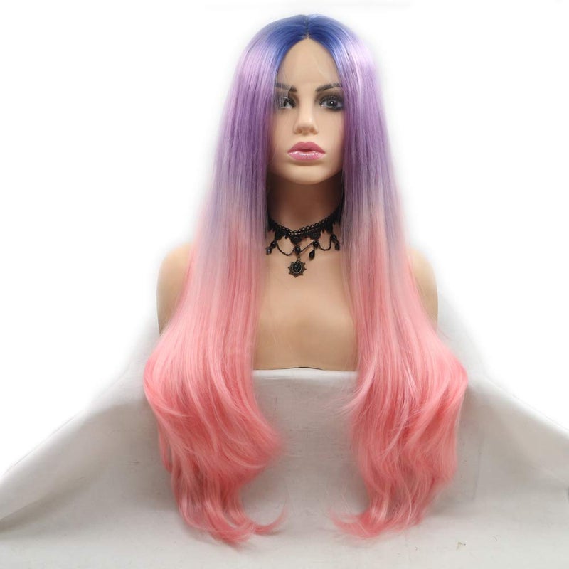 Melody Purple Pink Ombre Synthetic Lace Front Wigs With Blue Roots Middle Part Long Wave Wigs for Women 180 Density Half Hand Tied Heat Resistant Fiber Hair Gift for Christmas Halloween