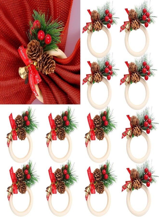 Ayuanb 12 Pcs Christmas Napkin Rings Set, Xmas Pine Cones Poinsettia Wooden Napkin Ring Holders,Handmade Rustic Style Napkin Decoration for Christmas Banquet Dinner Wedding Birthday Table Decor - Image 1