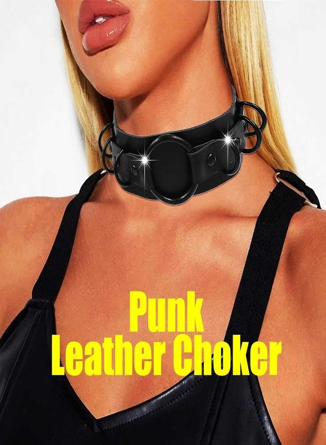 Obmyec Gothic Leather Choker Necklace Punk Choker Collar Rings Nightclub Party Adjustable Necklaces Chain for Women(black) - Image 2