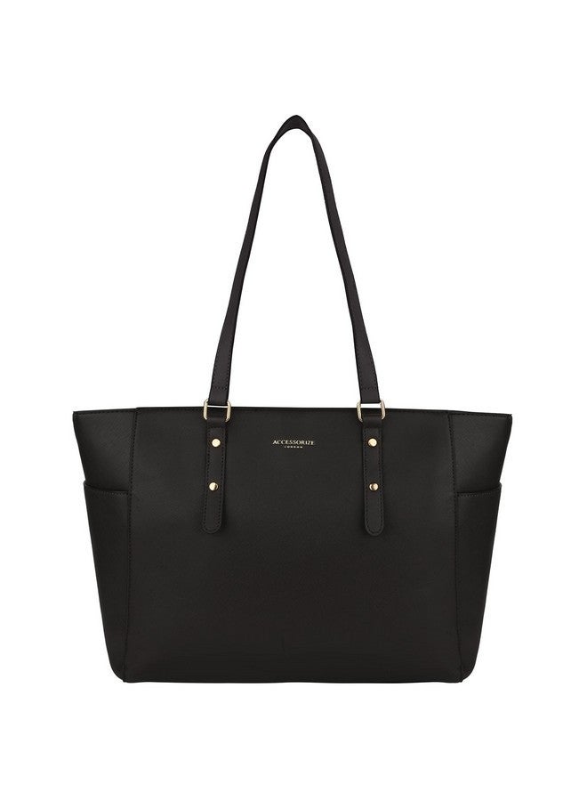 Accessorize London Women's Venus Black Leather Tote Bag for office |Tote bags for women office use|Work bag for woman stylish | latest Shoulder bag for ladies | Fits 13 inch laptop - Image 1