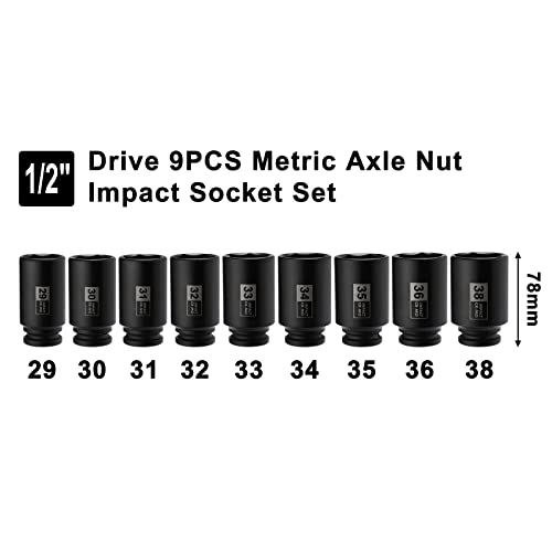 Mayouko 9PCS 1/2 Inch Drive Deep Impact Socket Set, 29-38MM, Spindle Axle Nut Sockets, Metric, Deep, 6-Point, CR-MO - Image 2