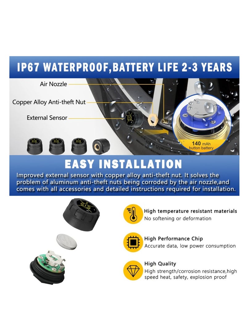 Loquat Bluetooth 5.0 Wireless Tire Pressure Monitoring System (TPMS) - Real-time Tire Pressure u0026 Temperature Sensors for Cars, Bicycles, Motorcycles - Compatible with iOS u0026 Android (4 Pack) - Image 4