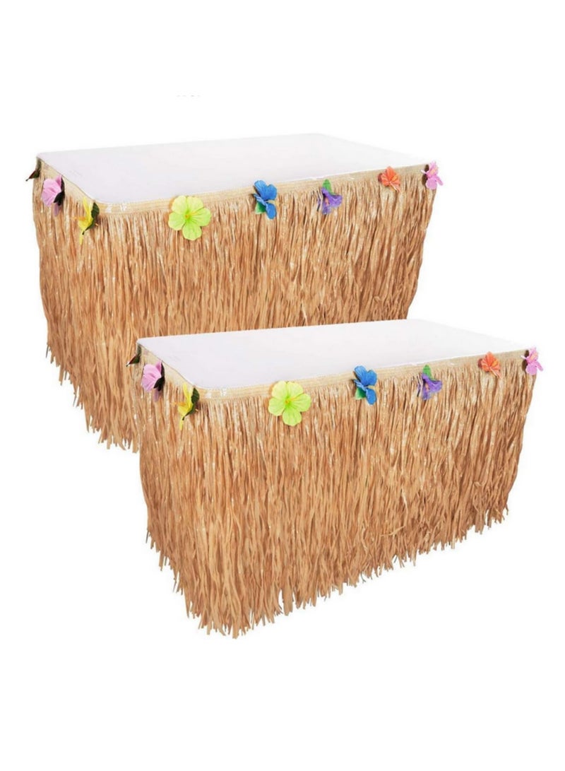2PCS Straw Color Luau Grass Table Skirt with Flower Liner Hawaiian Party Decor for Tropical Summer Weddings Birthdays Non-Woven Fabric Easy Fasteners for Table Decorations 276 x 75cm  - Image 1