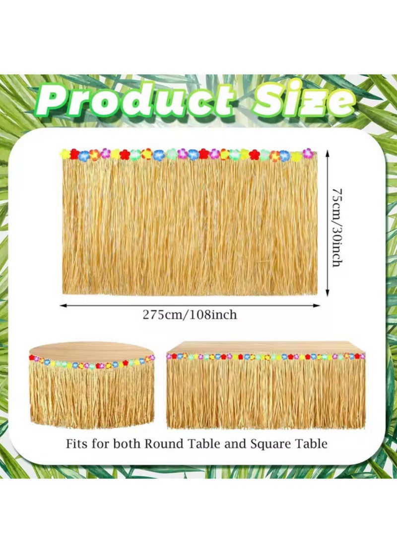 2PCS Straw Color Luau Grass Table Skirt with Flower Liner Hawaiian Party Decor for Tropical Summer Weddings Birthdays Non-Woven Fabric Easy Fasteners for Table Decorations 276 x 75cm  - Image 2