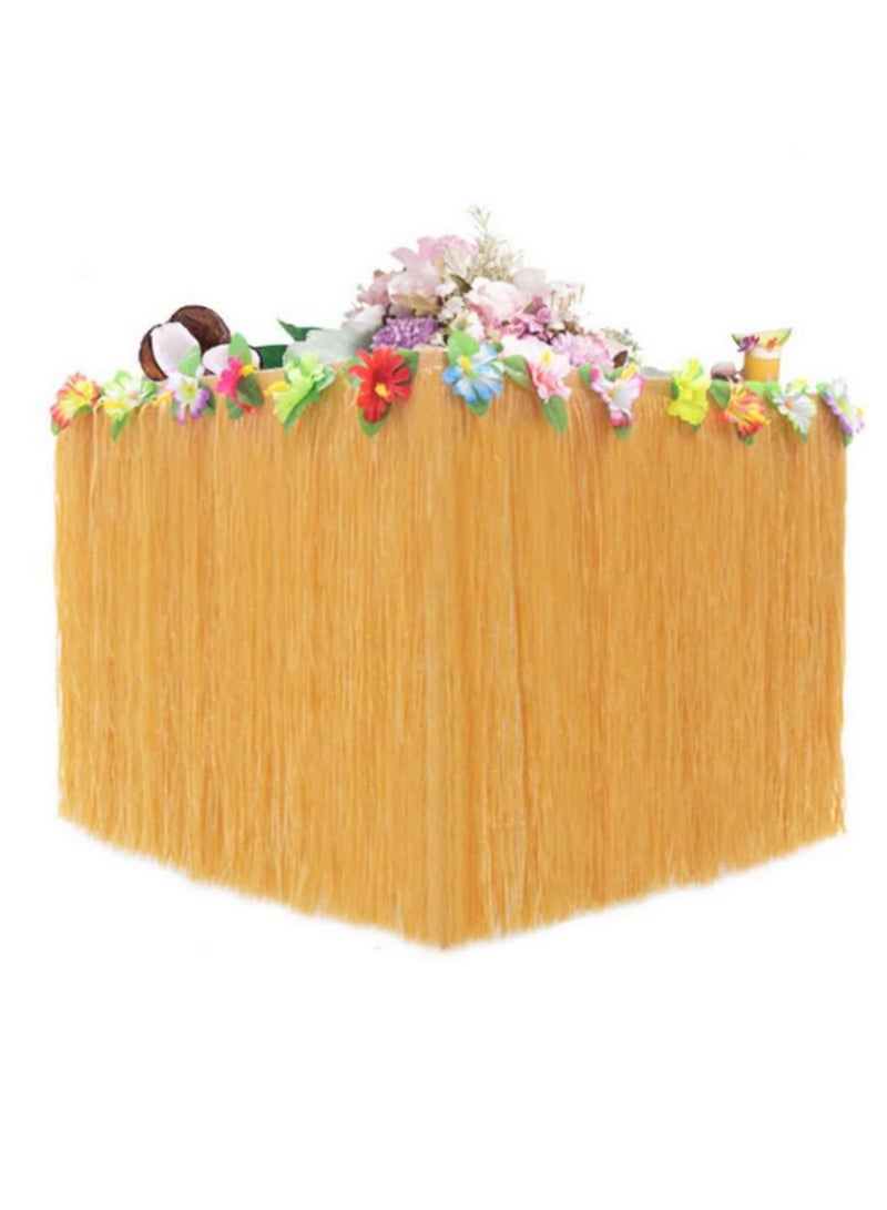 2PCS Straw Color Luau Grass Table Skirt with Flower Liner Hawaiian Party Decor for Tropical Summer Weddings Birthdays Non-Woven Fabric Easy Fasteners for Table Decorations 276 x 75cm  - Image 3