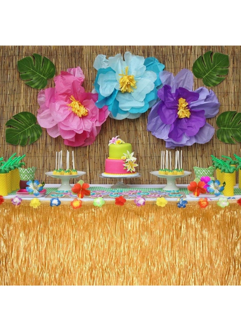 2PCS Straw Color Luau Grass Table Skirt with Flower Liner Hawaiian Party Decor for Tropical Summer Weddings Birthdays Non-Woven Fabric Easy Fasteners for Table Decorations 276 x 75cm  - Image 5