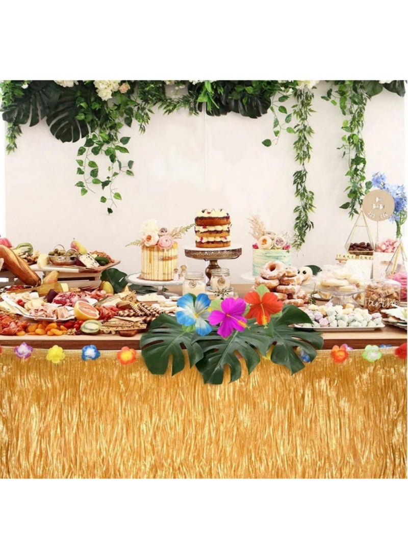 2PCS Straw Color Luau Grass Table Skirt with Flower Liner Hawaiian Party Decor for Tropical Summer Weddings Birthdays Non-Woven Fabric Easy Fasteners for Table Decorations 276 x 75cm  - Image 4
