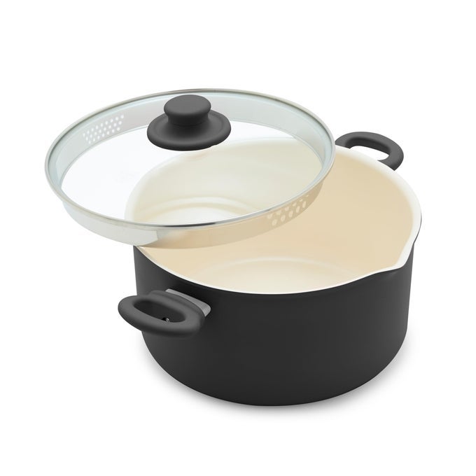 6QT CERAMIC NONSTICK STOCKPOT WITH GLASS STRAINING LID PFAS PFOAFREE DISHWASHER SAFE STAYCOOL HANDLES OVEN SAFE TO 350F WOBBLEFREE BASE EVEN HEATING BLACK