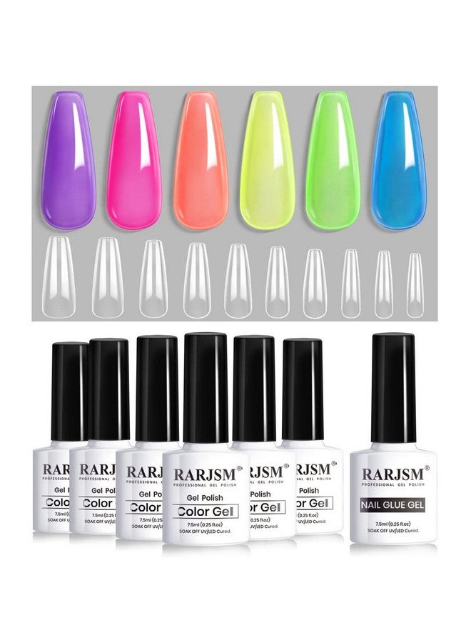 RARJSM Jelly Gel Nail Polish Set Translucent Neon Nail Polish 6 Color Pink Green Blue Purple Yellow Orange Gel Nail Art 10 Sizes Long Fake Nails In Gift Package - Image 1