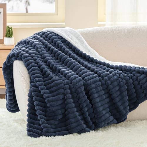 INFIIXSO Sherpa Throw Blanket for Couch - Super Soft & Warm Striped Fleece Blanket, Cozy Plush Fluffy Blanket All Season Use (Navy Blue, 50x60 Inches) - Image 1