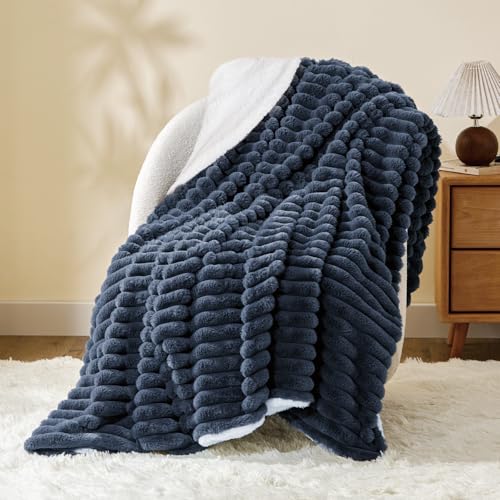 INFIIXSO Sherpa Throw Blanket for Couch - Super Soft & Warm Striped Fleece Blanket, Cozy Plush Fluffy Blanket All Season Use (Navy Blue, 50x60 Inches) - Image 2