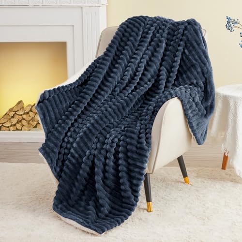 INFIIXSO Sherpa Throw Blanket for Couch - Super Soft & Warm Striped Fleece Blanket, Cozy Plush Fluffy Blanket All Season Use (Navy Blue, 50x60 Inches) - Image 5
