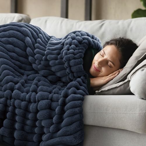 INFIIXSO Sherpa Throw Blanket for Couch - Super Soft & Warm Striped Fleece Blanket, Cozy Plush Fluffy Blanket All Season Use (Navy Blue, 50x60 Inches) - Image 4