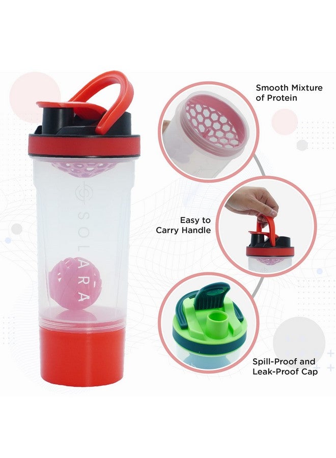 SOLARA SOLARA BPA Free Tritan Protein Shaker Bottle - 650 ML for protein shake - Two layer Extra storage for Protein Powder & Nuts, Black & Green, Pack of 1 (Red)  - Image 3
