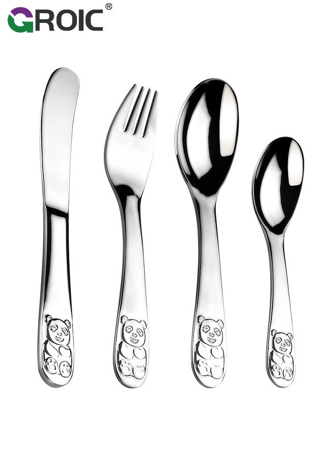 GROIC 4 Pieces Stainless Steel Kids Silverware Set, Children Safe Forks and Spoons Flatware, Mirror Polished Smooth Round Edage Cutlery Sets,Toddler Spoons and Forks Knife Set,Kids Cutlery Set  - Image 1