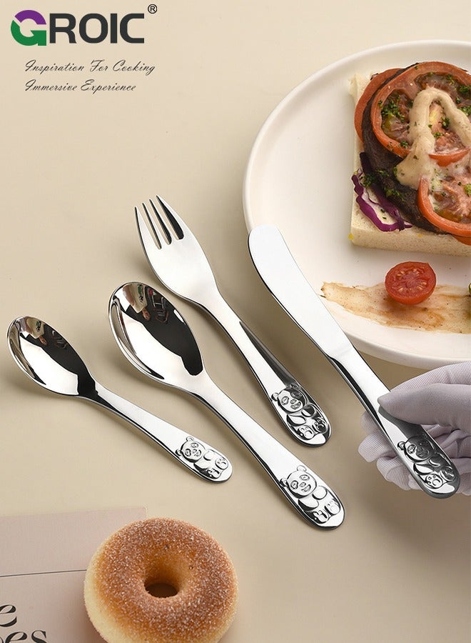 GROIC 4 Pieces Stainless Steel Kids Silverware Set, Children Safe Forks and Spoons Flatware, Mirror Polished Smooth Round Edage Cutlery Sets,Toddler Spoons and Forks Knife Set,Kids Cutlery Set  - Image 2