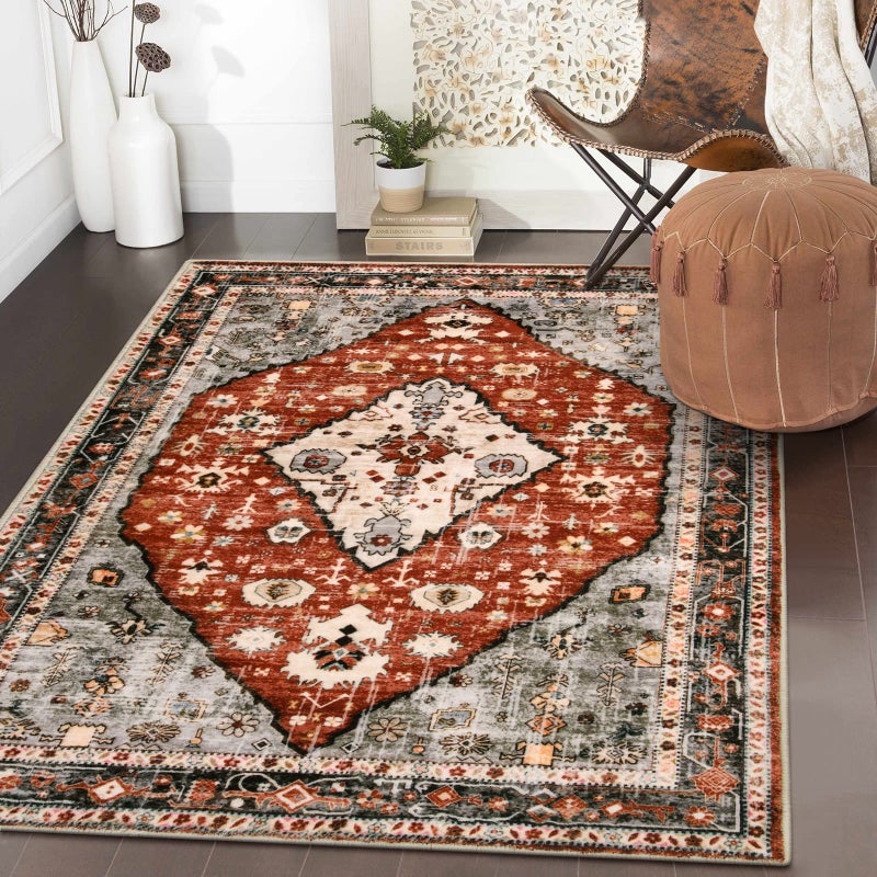 Lahome Boho Tribal Area Rug  3x5 Red Rugs for Entryway Bedroom Throw Rugs with Rubber Backing Washable Vintage Non Slip Mat Soft Carpet for Office Kitchen Foyer Entrance Living Room
