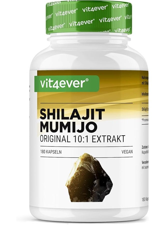Vit4ever Mumijo Shilajit 10:1 Extract is a powerful natural supplement designed to support energy, stamina, and overall vitality. Each daily serving provides 1500 mg of concentrated Shilajit extract, traditionally used in Ayurvedic medicine to promote wellness, enhance physical performance, and boost resilience.  Rich in fulvic acid and essential minerals, this potent formula helps support metabolic health, cognitive function, and natural detoxification processes. Its vegan-friendly composition contains no unwanted additives, preservatives, or artificial ingredients, making it a clean and effective option for daily wellness.  With 180 capsules per bottle, Mumijo Shilajit offers long-term support for energy, vitality, and overall health. - Image 1