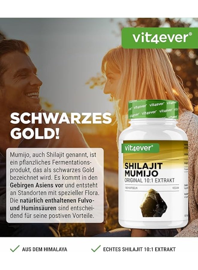 Vit4ever Mumijo Shilajit 10:1 Extract is a powerful natural supplement designed to support energy, stamina, and overall vitality. Each daily serving provides 1500 mg of concentrated Shilajit extract, traditionally used in Ayurvedic medicine to promote wellness, enhance physical performance, and boost resilience.  Rich in fulvic acid and essential minerals, this potent formula helps support metabolic health, cognitive function, and natural detoxification processes. Its vegan-friendly composition contains no unwanted additives, preservatives, or artificial ingredients, making it a clean and effective option for daily wellness.  With 180 capsules per bottle, Mumijo Shilajit offers long-term support for energy, vitality, and overall health. - Image 2