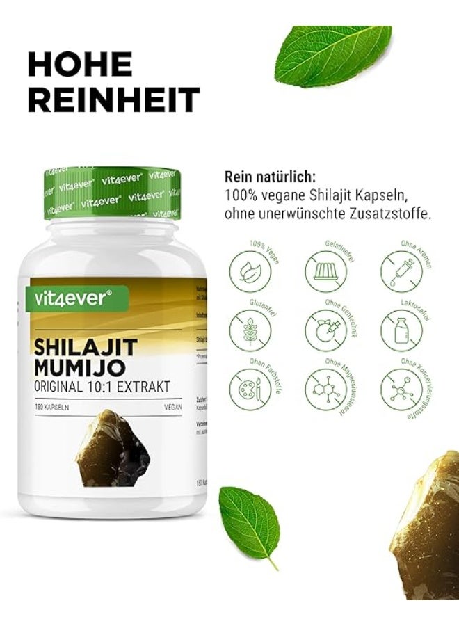 Vit4ever Mumijo Shilajit 10:1 Extract is a powerful natural supplement designed to support energy, stamina, and overall vitality. Each daily serving provides 1500 mg of concentrated Shilajit extract, traditionally used in Ayurvedic medicine to promote wellness, enhance physical performance, and boost resilience.  Rich in fulvic acid and essential minerals, this potent formula helps support metabolic health, cognitive function, and natural detoxification processes. Its vegan-friendly composition contains no unwanted additives, preservatives, or artificial ingredients, making it a clean and effective option for daily wellness.  With 180 capsules per bottle, Mumijo Shilajit offers long-term support for energy, vitality, and overall health. - Image 3