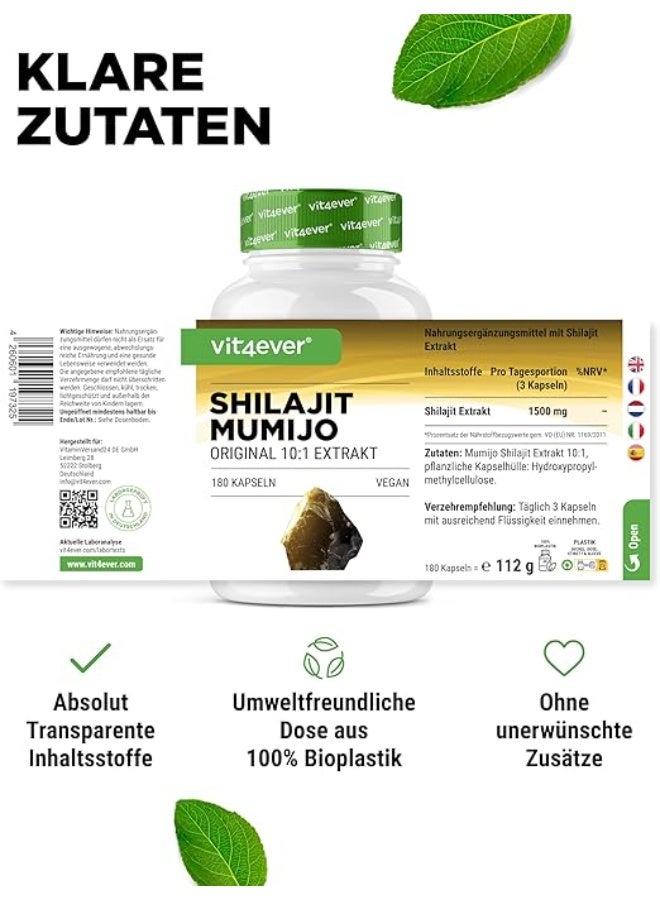 Vit4ever Mumijo Shilajit 10:1 Extract is a powerful natural supplement designed to support energy, stamina, and overall vitality. Each daily serving provides 1500 mg of concentrated Shilajit extract, traditionally used in Ayurvedic medicine to promote wellness, enhance physical performance, and boost resilience.  Rich in fulvic acid and essential minerals, this potent formula helps support metabolic health, cognitive function, and natural detoxification processes. Its vegan-friendly composition contains no unwanted additives, preservatives, or artificial ingredients, making it a clean and effective option for daily wellness.  With 180 capsules per bottle, Mumijo Shilajit offers long-term support for energy, vitality, and overall health. - Image 4