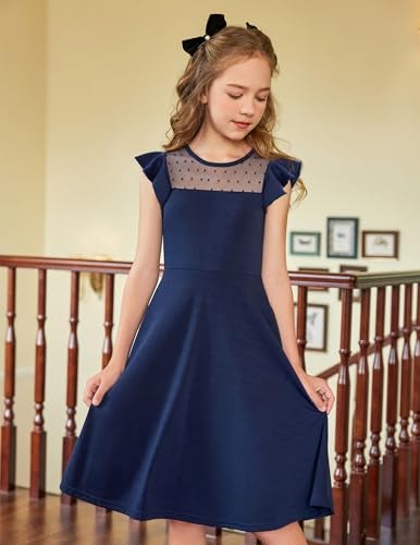 Arshiner Girls Dress Summer Ruffle Sleeve Mesh A Line Casual Party Dresses with Pockets 11-12 Years Navy Blue - Image 2