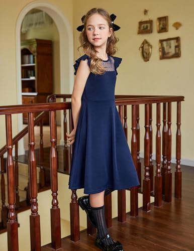 Arshiner Girls Dress Summer Ruffle Sleeve Mesh A Line Casual Party Dresses with Pockets 11-12 Years Navy Blue - Image 3