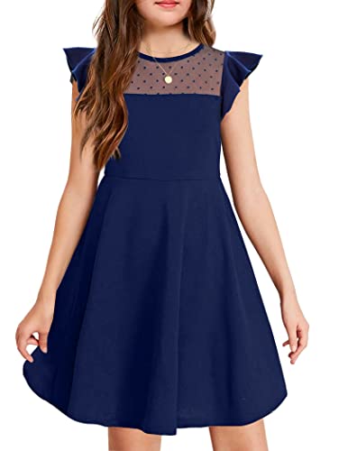 Arshiner Girls Dress Summer Ruffle Sleeve Mesh A Line Casual Party Dresses with Pockets 11-12 Years Navy Blue - Image 1