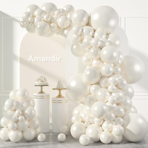 Amandir 153pcs Pearl White Balloons Arch Garland Kit Different Sizes 18 12 10 5 Inch White Pearl Balloon for Wedding Engagement Bridal Shower Birthday Valentines Day Party Decorations - Image 1
